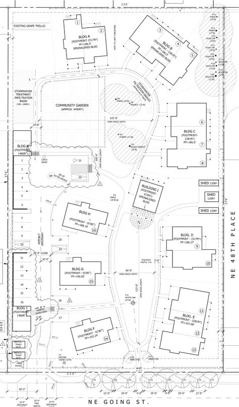 The 1.84 acre site has been laid out so the community will have a welcoming presence on NE Going Street. The common building and garden are centrally located at natural crossing points in the pedes… Family Village Plans, Family Compound Ideas Layout, Pocket Community, Estate Layout, Compound Living, Cluster Housing, Tiny Community, Compound House, Land Planning