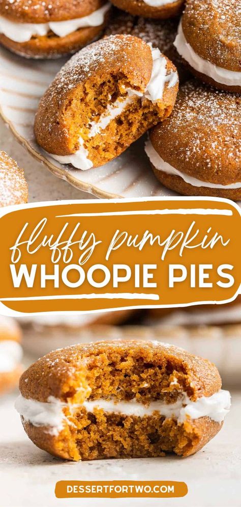 Your fall baking list won't be complete without these cookie sandwiches! This fall dessert starts with a pumpkin cookie recipe. Filled with vanilla buttercream, these soft, fluffy Pumpkin Whoopie Pies are a Thanksgiving sweet treat everyone will love! Pumpkin Oatmeal Whoopie Pies, Thanks Giving Baking, Easy Pumpkin Whoopie Pies, Best Pumpkin Whoopie Pies, Pumpkin Woopie Cookies, Whoopie Pies Pumpkin, Whoppie Pies Pumpkin, Pumpkin Chocolate Chip Whoopie Pies, Thanksgiving Whoopie Pies