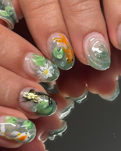 Koi fishies in a pond 🪷 Koi Fish Nail Design, Water Inspired Nails, Pond Nails, Airy Fairy, Fish Nails, Fairy Nails, Closet Diy, Gel Manicures, Amazing Nails