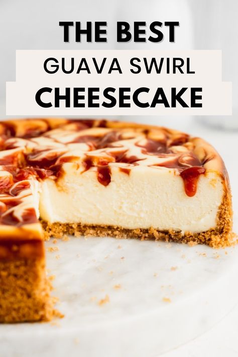 A side shot of a guava swirl cheesecake with a piece missing and the words "the best guava swirl cheesecake" in the foreground Puerto Rican Cheesecake, Guava Cheesecake Recipe, Guava Dessert Recipes, Maria Cookies Dessert Recipes, Guava Marmalade, Guava Pastries, Guava Cheesecake, Guava Desserts, Mallorca Bread