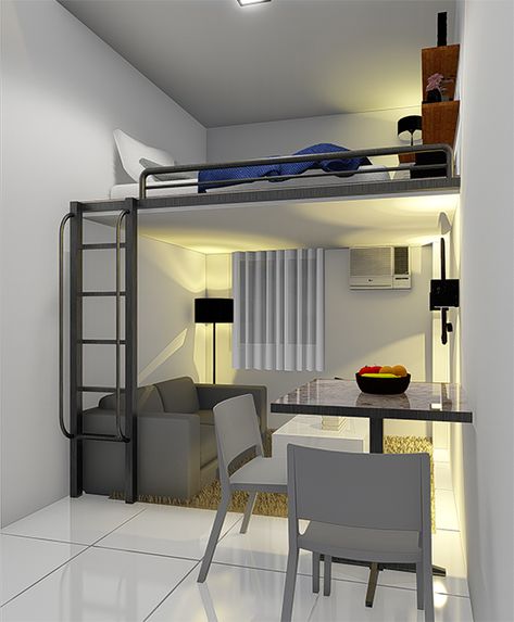 Tall Room Ideas, 16m2 Bedroom, Loft Style Bedroom Ideas Small Spaces, Loft Kids Playroom, Room Ideas Loft Bed, Loft Bed Studio, Loft Bed Dorm Room, Room Ideas Loft, Loft Bed Dorm