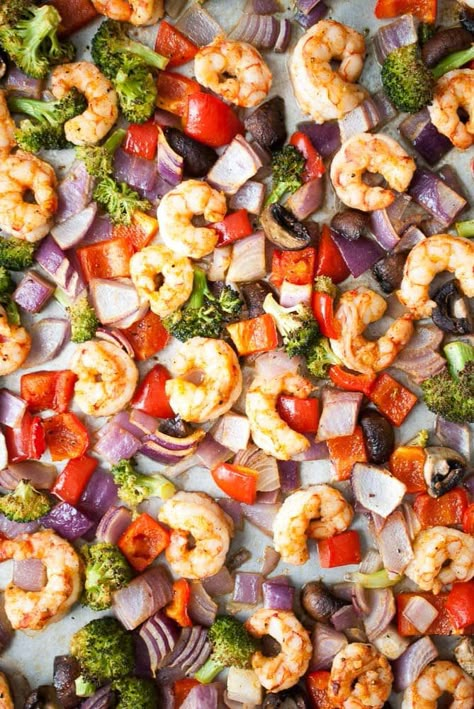 Roasted Veggies And Shrimp, Shrimp And Vegetables, Crimini Mushrooms, Roasted Shrimp, Sheet Pan Suppers, Sheet Pan Dinners Recipes, Sheet Pan Meals, Pan Dinners, Pan Meals