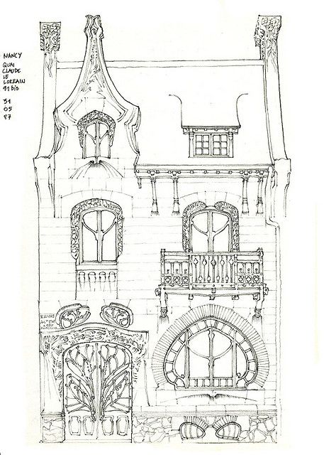 54 Nancy, 1900 by gerard michel, via Flickr Art Nouveau Architecture Sketch, Art Nouveau Floor Plan, Art Nouveau Buildings, Art Nouveau Architecture Drawings, Art Nouveau House Plans, Art Nouveau Cottage, Art Nouveau Sketch, Art Nouveau Building, Art Nouveau Drawing