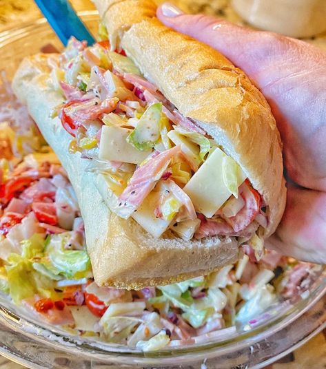 Italian Sub Chop Sandwiches - The Tipsy Housewife Pool Party Main Dish, Tik Tok Sandwich Recipe, The Tipsy Housewife Recipes, Sub Sandwich Salad, New York Recipes, Cookout Food Ideas, Hoagie Dip, Housewife Recipes, Italian Sandwich Recipes