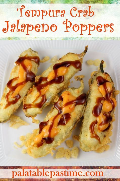 Tempura Crab Jalapeno Poppers are jalapeno poppers with a crab and cream cheese filling coated with a crunchy crispy tempura coating. via @suelau1 Crab Jalapeno Poppers, Crab Tempura, Crab Stuffed Jalapeno Peppers, Deep Fried Jalapeno Poppers, Cream Cheese Stuffed Jalapenos, Fried Jalapenos, Sushi Sauce, Sausage Appetizers, Tempura Recipe