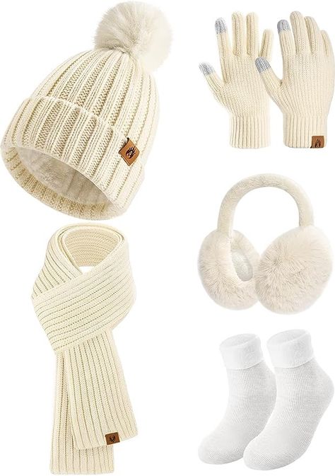 Niwicee Knitted Hat and Scarf Set 5 PCS Ski Outing Set Winter Plush Ear warmers Warm Long Scarf Beanie Hat and Touch Screen Gloves Set Women Thermal Socks for Skiing Hat Outdoor Sports Ear Muffs, Hat And Scarf Sets, Winter Set, Winter Hats Beanie, Hat Scarf, Touch Screen Gloves, Winter Hats For Women, Winter Beanie, Knit Beanie Hat