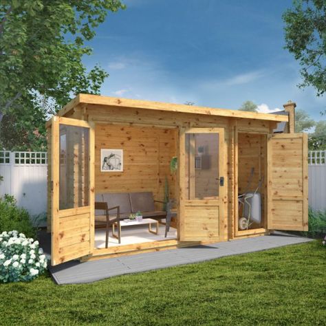 Adley 4.1m x 2.4m Hereford Log Cabin With Side Shed Garden Log Cabins, Insulated Garden Room, Creation Station, Hobby Room, Modern Flat, Garden Living, Garden Buildings, Flat Roof, Roof Design