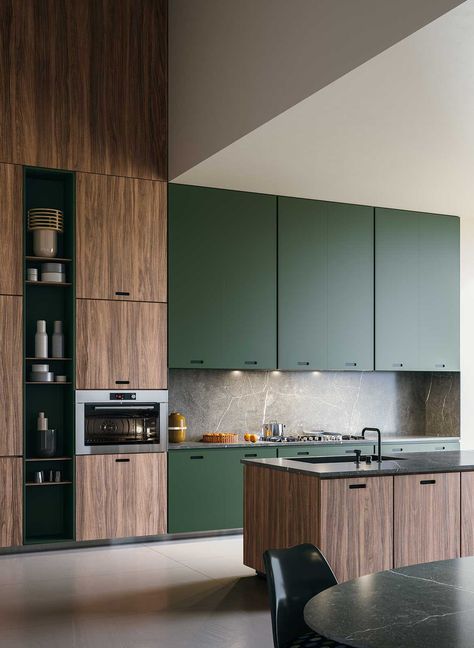 Green Kitchen Designs, Kitchens Ideas, Modern Kitchen Interiors, Built In Ovens, Cozy Kitchen, Kitchen Cabinet Colors, Kitchen Room Design, Kitchen Trends, Design Del Prodotto