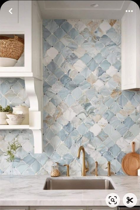 Beach Backsplash Ideas, White Blue And Gold Kitchen, Beach Kitchen Aesthetic, Beach House Inspo Coastal Style, Beach House Aesthetic Kitchen, Beachy Backsplash Kitchen, Blue Accent Tile Shower Wall, Beach Backsplash Kitchen, Subtle Coastal Decor