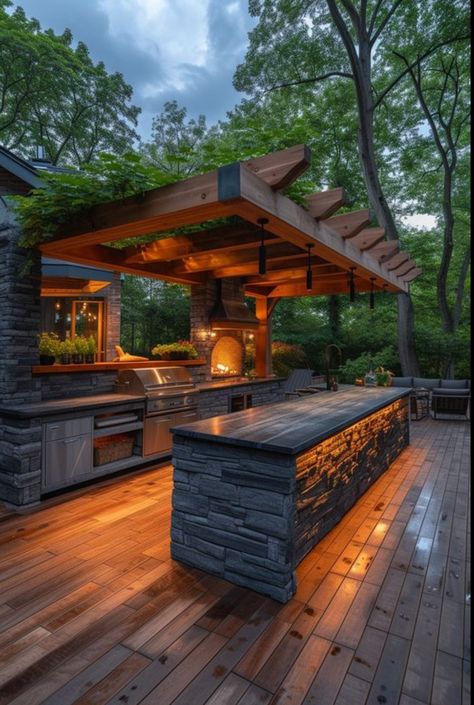 Bbq Yard Ideas, Grilling Area Backyard, Outside Bar And Grill, Patio Grill Ideas, Outdoor Stove Ideas, Backyard Cooking Area, Outdoor Kitchens On A Budget, Garden Bbq Area, Kitchens On A Budget