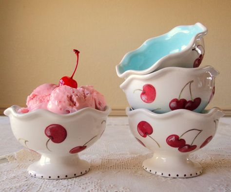 Cherry Kitchen Decor, Ice Cream Bowls, Cherry Ice Cream, Ice Cream Cups, Cherry Kitchen, Cherry Baby, Cherries Jubilee, Ice Cream Cup, Ice Cream Bowl