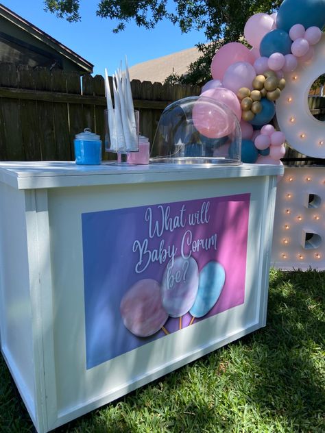 Cotton Candy Themed Gender Reveal, Cotton Candy Event, Cotton Candy Gender Reveal Ideas, Cotton Candy Gender Reveal, Gender Reveal Candy Table, Oh Baby Gender Reveal, Valentines Gender Reveal, Gender Reveal Candy, Gender Reveal Dessert