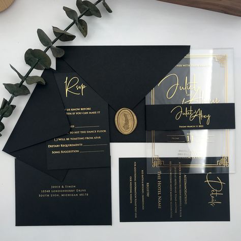 "These personalized acrylic wedding invitation suite are 100% handmade and they made in Istanbul with love! The set also includes also RSVPs and Detail Cards if you prefer. They are durable due to made from 300 gsm paper and 0.5 mm thickness PVC/PET. And we used real foil printing not vinyl stickers to avoid damage text. 100% guaranteed to blow the minds of your guests! --Wax seals are used to increase the visuality, if you want a wax seal in your products, contact us. --You can check our other Black And Gold Wedding, Acrylic Wedding Invitation, Foil Printing, Black Wedding Invitations, Acrylic Wedding Invitations, Dark Wedding, Acrylic Invitations, Black Invitation, Personalized Acrylic