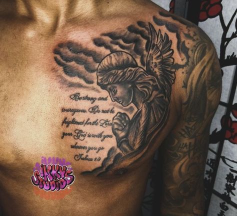 Fallen Angel Chest Tattoo, Christian Rib Tattoo Men, Whole Chest Tattoo For Men, Sholdertatoos Men, Mens Half Chest Tattoos, Male Chest Tattoos Ideas, Angel Shoulder Tattoo Men, Chest Shoulder Tattoo Men, Chest Tattoo One Side