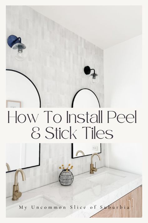 Learn the step-by-step guide on how to effortlessly install peel-and-stick tiles on your walls. Transform your space with our easy DIY instructions for a stunning, hassle-free home improvement project.#DIY#DIYHomeDecor #PeelAndStickTile #WallTiles Updating Bathroom Vanity, Stick On Tiles Bathroom, Eclectic Bathroom Decor, Peel And Stick Countertop, Tiles For Bathroom Walls, Stick On Wall Tiles, Bathroom Tile Diy, Peel And Stick Tiles, Guest Bathroom Decor