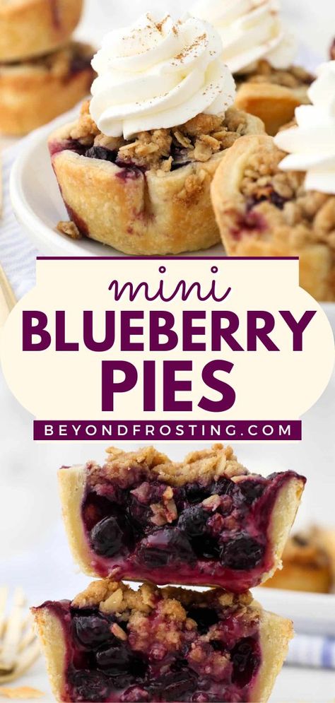 Looking for individual Thanksgiving desserts? Your dinner party must have this mini pie recipe! Baked in a muffin tin with an oatmeal and brown sugar crumble topping, these easy mini blueberry pies are flavor-packed! Muffin Tin Peach Pies, Pie Crust Muffin Tin, Mini Baked Pies, Mini Pie In Muffin Tin, Mini Cobblers Muffin Tins, Mini Apple Pie Crumble, Mini Blueberry Pies Easy, Individual Blueberry Pies, Mini Pie Recipes Muffin Tins