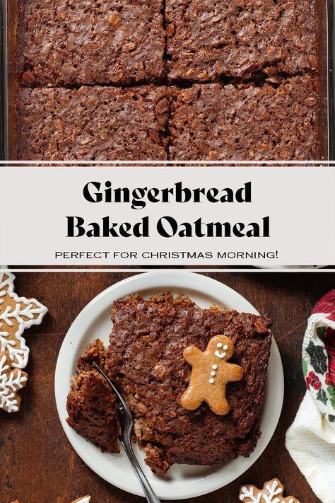 This Gingerbread Baked Oatmeal is the perfect easy breakfast or brunch for Christmas mornings! If you're looking for a festive breakfast for your family or something you can meal prep, look no further! This oatmeal is packed with warming spices, it's soft, a little sweet, and always a crowd favorite! It comes together in a few easy steps and it's freezer-friendly! #FeelingFestive24 Gingerbread Oatmeal Bake, Christmas Breakfast No Eggs, Easy Oven Breakfast, Christmas Baked Oatmeal, Christmas Baked Oats, Gingerbread Oats, Healthy Christmas Morning Breakfast, Oatmeal Bake Breakfast, High Protein Baked Oatmeal