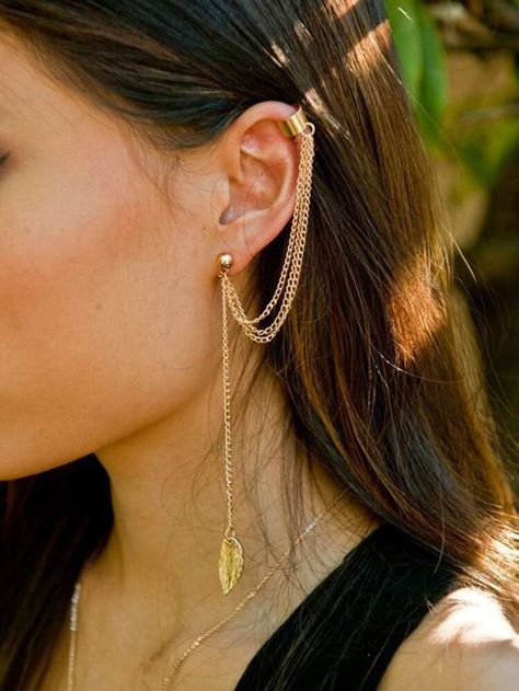 Free Returns ✓ Free Shipping On Orders $49+ ✓. Leaf Detail Layered Chain Earrings With Ear Cuff 1pc- Earrings at SHEIN. Leaf Ear Cuffs, Shopping Accessories, Ear Cuff Chain, Elf Fairy, Fairy Ears, Tassel Earing, Layered Chain, Piercing Ideas, Ear Cuff Earings