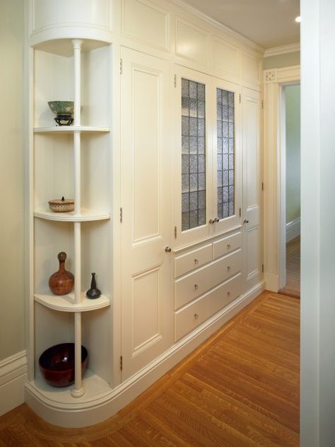 Hall Closet Organization, Linen Closet Design, Front Hall Closet, Hall Cabinet, Hallway Closet, Closet Built Ins, Large Hallway, Linen Closet Organization, Hall Closet