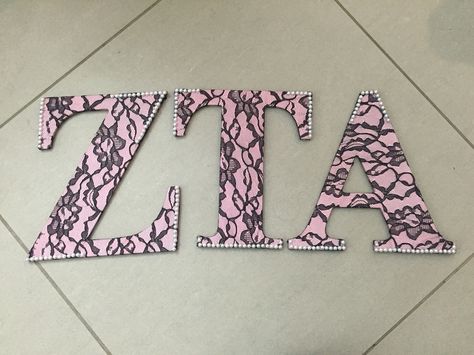 Sorority letters #zta #pink #black #lace #pearls Decorated Sorority Letters, Sister Letters, Zta Letters, Sorority Letters Painted, Big/little Baskets, Sorority Themes, Secret Sister, Sigma Delta Tau, Theta Phi Alpha