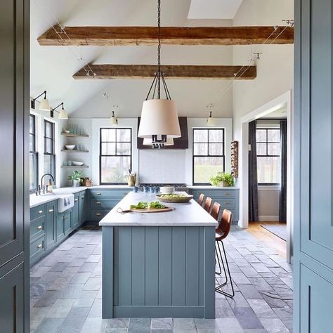 Vivir Design on Instagram: “These vaulted ceilings with beams across were the first thing to draw me in... got hooked by everything else. 😍  @kristinacrestindesign…” Ceiling Beams Living Room, Vaulted Ceiling Beams, Beams Living Room, Vaulted Ceiling Kitchen, Grey Blue Kitchen, Modern Country Kitchens, Kitchen Transitional, Wood Beam Ceiling, Kitchen Ceiling