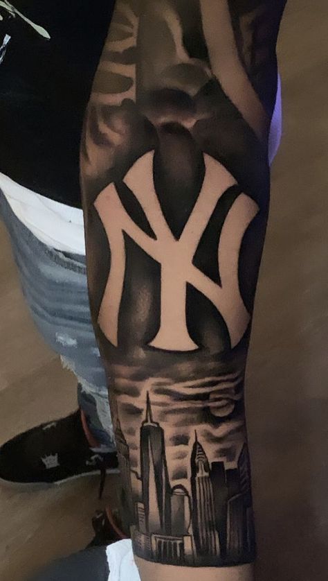 New York Forearm Tattoo, New York Yankee Tattoo Ideas, Negative Shaded Tattoos, Hennessy Tattoo Designs, New York Leg Tattoo, Yankee Logo Tattoo, New York Yankee Tattoos, New York Yankees Tattoo Ideas, Shading Tattoos For Men