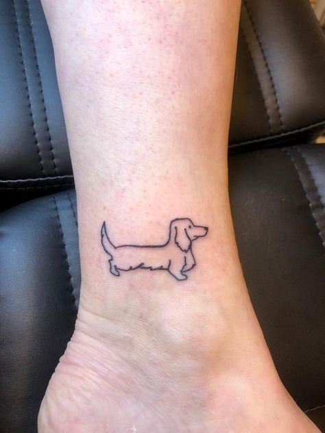 Long Haired Dachshund Tattoo Ideas, Winnie Dog Tattoo, Patchwork Dog Tattoo, Long Hair Dachshund Tattoo, Dachshund Outline Tattoo, Daschund Tattoo Minimalist, Dauchsands Tattoo, Weenie Dog Tattoo, Wiener Dog Tattoo