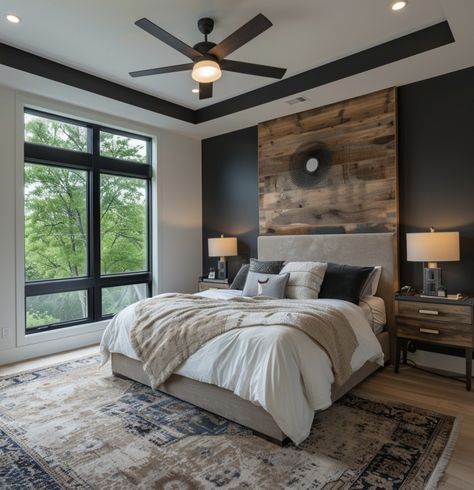 Log Cabin Interior Modern Master Bedrooms, Rustic Modern Guest Bedroom, Large Master Bedrooms Decor Modern, Rustic Elegant Bedroom Master Suite, Double Wide Bedroom Ideas, Rustic Modern Master Bed, Bedroom Design Accent Wall, Modern Farmhouse Bedroom Decor Ideas, Open Concept Bedroom