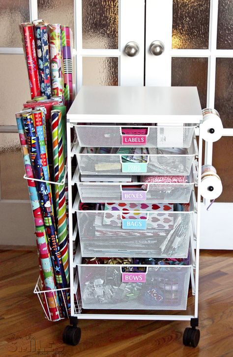 Gift Wrap Organizer Cart with Colorful DIY Drawer Labels Gift Wrap Organizer, Gift Bag Storage, Wrapping Paper Organization, Gift Wrap Organization, Gift Wrap Storage, Gift Wrapping Station, Wrapping Paper Storage, Wrapping Station, Organization Cart