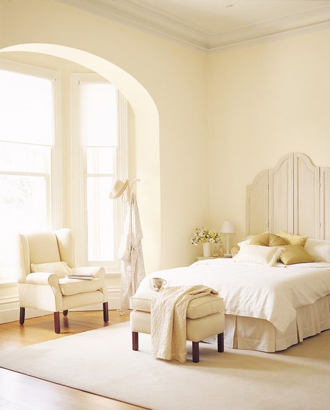 Choosing the Right White - Inspirations Paint: Mobile Pale Yellow Bedrooms, Light Yellow Bedrooms, Cream Color Bedroom, Pale Yellow Walls, Light Yellow Walls, Yellow Walls Living Room, Yellow Bedroom Walls, Yellow Paint Colors, Yellow Room