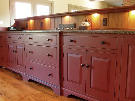 Burgandy Kitchen Cupboards, Red Painted Kitchen Cabinets, Deep Red Kitchen Cabinets, Red Kitchen Cabinets Rustic, Burgundy Kitchen Cabinets, Cabin Cabinets, Red Country Kitchens, Primitive Kitchen Cabinets, Red Kitchen Cabinets