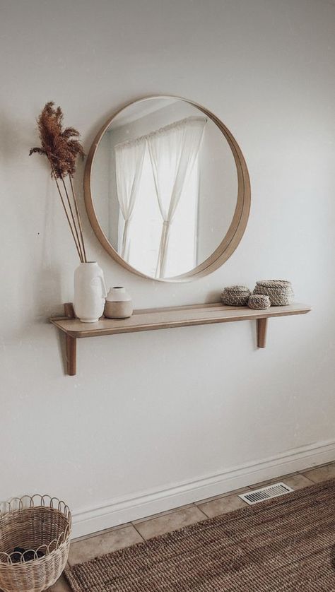 Mirror Shelf, Front Hallway, Hallway Inspiration, Narrow Hallway Decorating, Entrance Modern, Small Hallway, Hallway Ideas Entrance, Mirror On The Wall, Hallway Ideas Entrance Interior Design