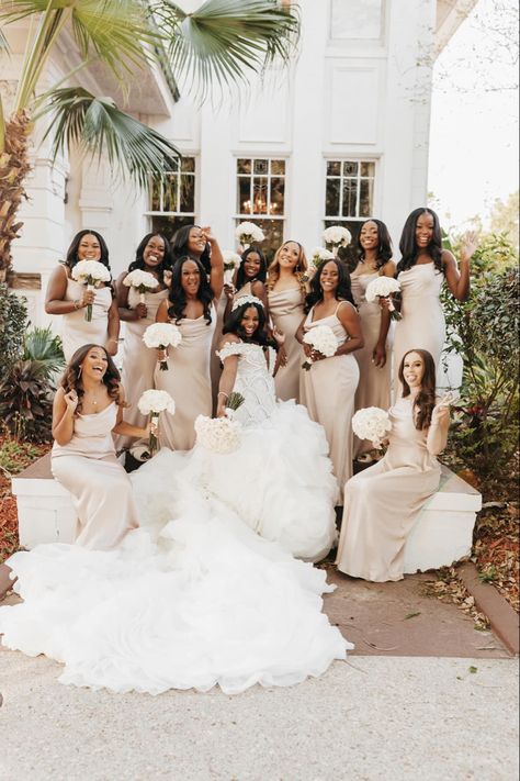 White And Gold Bridal Party, Black Bride And Bridesmaids, African American Bridesmaid Dresses, Cream Wedding Bridesmaid Dresses, Shades Of White Wedding Theme, Cream Bridal Party, Black White And Neutral Wedding, Bridesmaids Dresses Black Women, Black Women Bridesmaid Dresses