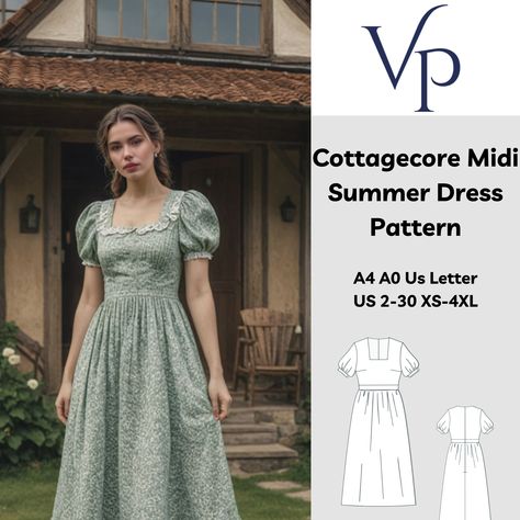 Cottagecore Gathered Midi Dress Sewing Pattern,  Bridgerton Gown, Cottagecore Dress, Fairycore, Milkmaid Dress, Summer Dress Pattern, XS-4XL US 2-30  Available sizes: US Sizes 2-30, Standard Sizes XS-4XL  The patterns are compatible with A4, A0, and US Letter size papers. Upon completing your payment, you will receive automatic download links for the pattern files. Please note that downloads are only supported on computers, not on phones or iPads.  This is a digital product. You will receive zip Cottage Core Sewing Patterns Free, Cottage Core Dress Sewing Pattern, Tablecloth Dress Pattern, Milkmaid Sewing Pattern, Cottage Core Dress Pattern, Gown Cottagecore, Cottagecore Sewing Pattern, Sun Dress Patterns, Milkmaid Dress Pattern