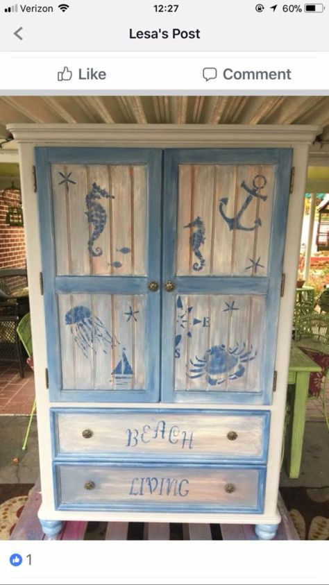 Beach Furniture Ideas Diy Projects, Diy Beach Furniture, Beachy Furniture Makeovers, Beach Painted Furniture, Nautical Furniture Diy, Beach Themed Furniture, Beachy Furniture, Florida Home Decorating, Ocean Room Decor