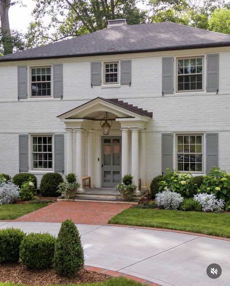 Traditional Style House Exterior, Brick Center Hall Colonial Exterior, White Brick Shutters, White Colonial Farmhouse Exterior, Colonial With Farmers Porch, 1970 Colonial Remodel Exterior, Traditional White House Exterior, 90s Colonial Exterior Remodel, Painted Colonial Brick House