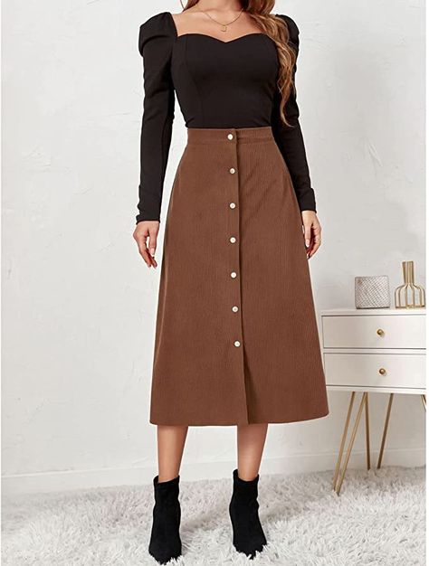 Skirt High Waist A Line Skirt with Button Vintage Retro Basic Corduroy Skirt Skirts Fall, Flannel Skirt, Blazer Plus Size, Business Clothes, Skirt Winter, Vintage Business, Formal Office, Office Skirt, High Waisted Maxi Skirt