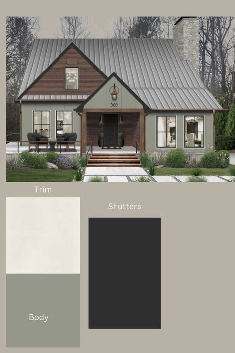 Exterior Paint Palette, Old Money Home, Green Exterior House Colors, Evergreen Fog, Green House Exterior, Outside House Colors, Tricorn Black, Small House Exterior, Exterior Color Palette