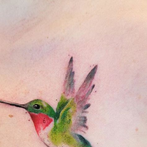 Emily Louise Tattoos on Instagram: "Little watercolor hummingbird!  🖌 @theinkwellfxbg  #watercolor #watercolorart #watercolortattoo #hummingbird #bird #birdtattoo #hummingbirdtattoo #tattooed #tattooedgirls #tattooart #tattooartist #tattoolovers #tattoolife #tattooday" Colored Hummingbird Tattoo, Delicate Tatoos, Hummingbird Tattoo Watercolor, Tattoo Watercolor, Watercolor Hummingbird, Small Watercolor, Hummingbird Tattoo, Bird Tattoo, Humming Bird