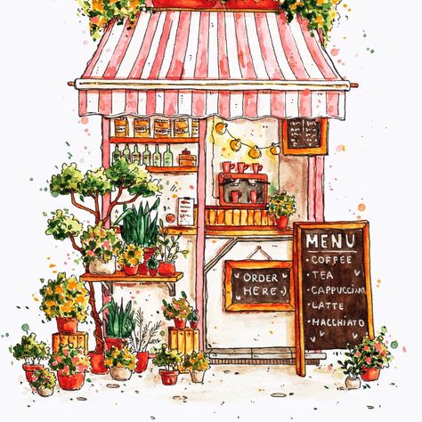 Una / illustrator on Instagram: “The last original drawing before the big opening(which now will be on sunday :D yeah life happens) This one i did digitally before, but…” Flower Stand Drawing, Watercolor Storefronts, Cafe In London, Watercolor House Painting, Japanese Drawings, Building Illustration, Pastel Sec, Shop Illustration, Architecture Drawing Art