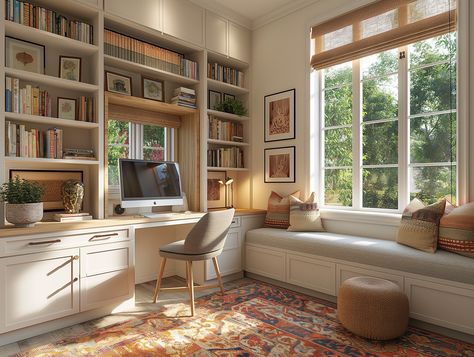 My Images Home Office Built Ins Bookshelves Around Window, Window Seat Desk, Home Office With Window, Window Seat With Bookshelves, Desk Boho, Window Seat Ideas, Built In Window Seat, Working Room, Bookshelves In Living Room