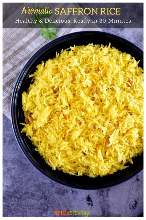 Saffron Rice Pilaf, or Pulao, is aromatic and nutty basmati rice simmered in a floral and fragrant saffron-infused broth prepared in one of four ways. #saffronrice #pilaf #spicecravings Saffron Basmati Rice, Mediterranean Tapas, Saffron Rice Recipe, Instant Pot Side Dishes, Potatoes Loaded, Indian Chaat, Vindaloo Recipe, Rice Recipe Easy, Rice Pulao