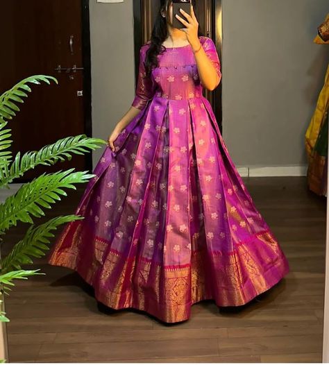 Pattu Long Frocks For Women, Saree Dress Design Ideas, One Piece Dress Design, Dress Designs For Stitching, Peach Gown, Simple Frock Design, Long Frock Designs, Stylish Kurtis Design, Simple Lehenga