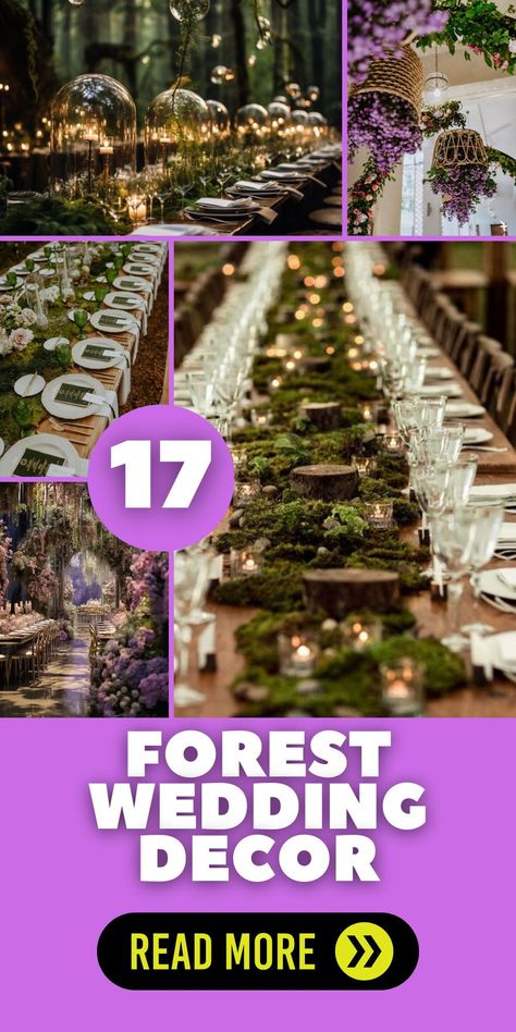 Dive into the world of forest wedding decor and discover the beauty of nature-inspired aesthetics. Whether you're planning an indoor or outdoor celebration, our DIY ideas will help you achieve a magical and whimsical ambiance. Explore rustic, elegant, and boho themes in shades of green, white, and emerald. Fairyland Wedding Decor, Elegant Woodland Wedding, Forest Centerpieces Wedding, Cheap Forest Wedding Ideas, Forest Wedding Theme Indoor, Forest Wedding Decor Ideas, Nature Themed Wedding Decorations, Enchanted Forest Table Setting, Enchanted Forest Gala