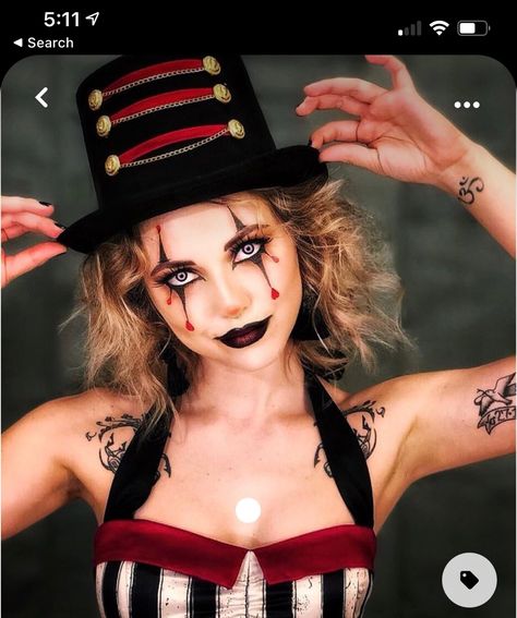 Clown Makeup Woman Halloween, Ring Mistress Halloween Makeup, Spooky Circus Costumes, Ringmaster Halloween Makeup, Creepy Circus Makeup, Creepy Carnival Makeup, Creepy Ringmaster Makeup, Freakshow Halloween Costume, Ringmaster Makeup Halloween