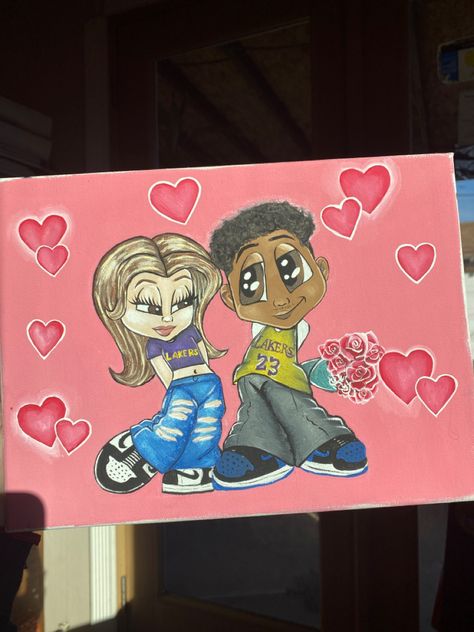 Customs painted at @ custombyjazmin on Instagram Cartoon Couple Drawings 90s, Cute Couple Painting Ideas Easy Cartoon, Old School Couple Drawing, Chicana Painting, Cholo Couple Painting, Cartoon Couple Painting, Chicano Drawings Couples, Diy Couple Hand Painting, Chicano Paintings