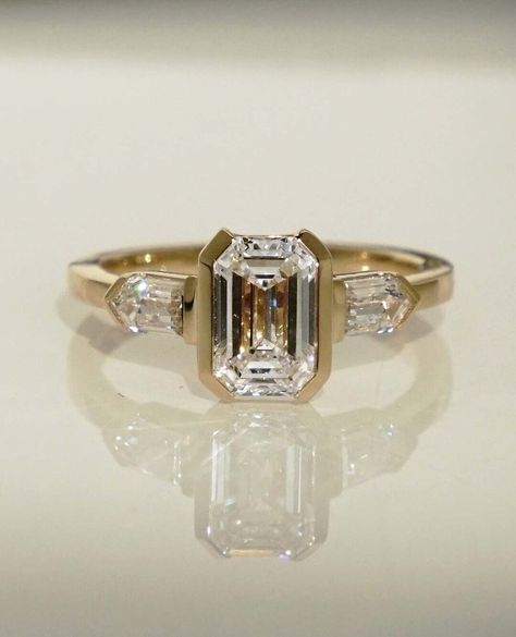 Emerald Cut Wedding Ring, Wedding Rings Emerald Cut, Wedding Ring Women, Half Bezel Setting, Unique Promise Rings, Ring Three Stone, Half Bezel, Lab Diamond Engagement Ring, Bezel Set Ring