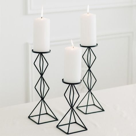 Black Candle Centerpieces, Diy Candle Holders Wedding, Tiered Candle, Tea Light Holder Hanging, Modern Wedding Centerpieces, Black Pillar Candles, Geometric Candle, Geometric Candle Holder, Geometric Candles