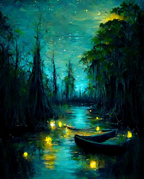 Digital print of a canoe in a bayou Swamp Acrylic Painting, Swamp Oil Painting, Watercolor Swamp, Drawn Scenery, Swamp At Night, Louisiana Aesthetic, Swamp Aesthetic, Swamp Frog, Swamp Painting