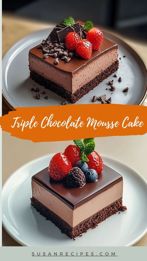 Three layers of pure chocolate indulgence—this triple chocolate mousse cake is the ultimate dessert fantasy! 🍫🎉 #TripleChocolateMousse #DecadentDessert #ChocolateLovers #MoussePerfection #ChocoDream #IndulgentTreat #CakeGoals #RichAndCreamy #SweetPerfection #ChocolateBliss Triple Chocolate Mousse, Cocoa Powder Brownies, Triple Chocolate Mousse Cake, Mousse Filling, Cocoa Chocolate, Chocolate Mousse Cake, Triple Chocolate, Mousse Cake, Chocolate Mousse